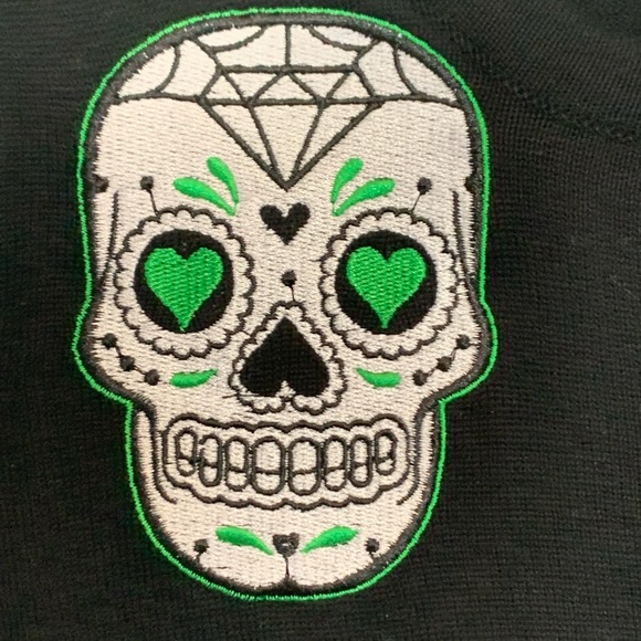 Sourpuss Black Button Front Cardigan Skulls Size Small Halloween Green Button - Picture 3 of 7